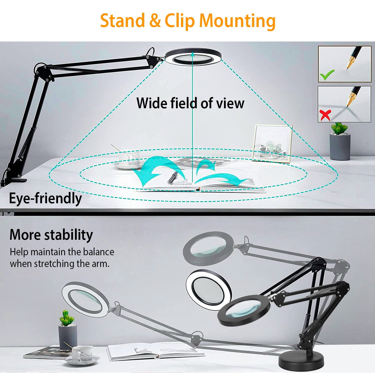  TOMSOO 8X Magnifying Glass with Light and Clamp, 5 Color Modes  Stepless Dimmable Lighted Magnifier with Stand, Flexible Gooseneck LED Desk  Lamp Hands Free for Craft Reading Painting Hobby Close Work 