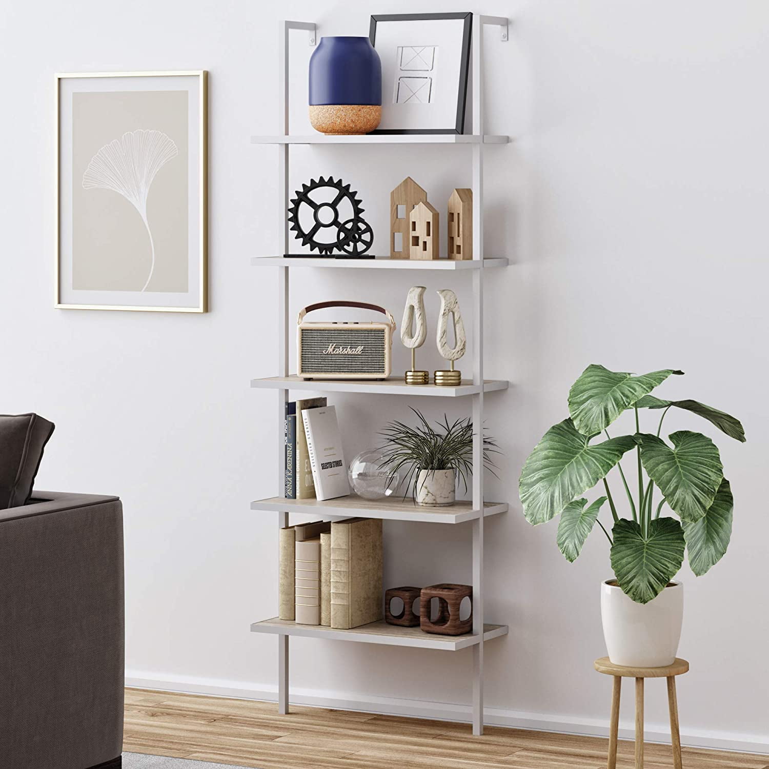 Minimalist 5 Shelf Ladder Bookcase for Living room