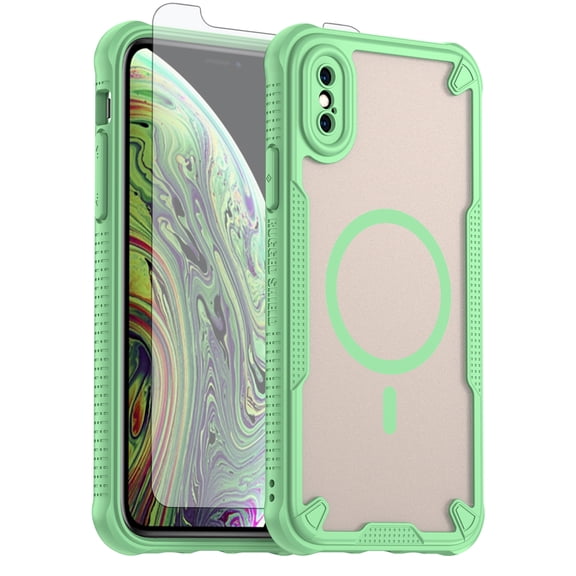 Asuwish Phone Case for iPhone X 10 Compatible with Magsafe Magnetic Tempered Glass Screen Protector Translucent Matte Back Shockproof Protective Cell Cover iPhoneX iPhone10 iPX 10x Women Men Green