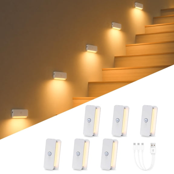 Alficedo 6 Pack Rechargeable Stair Lights for Indoor, Motion Sensor LED Night Light Battery Powered Lamp for Step Hallway Toilet Closet Bedroom