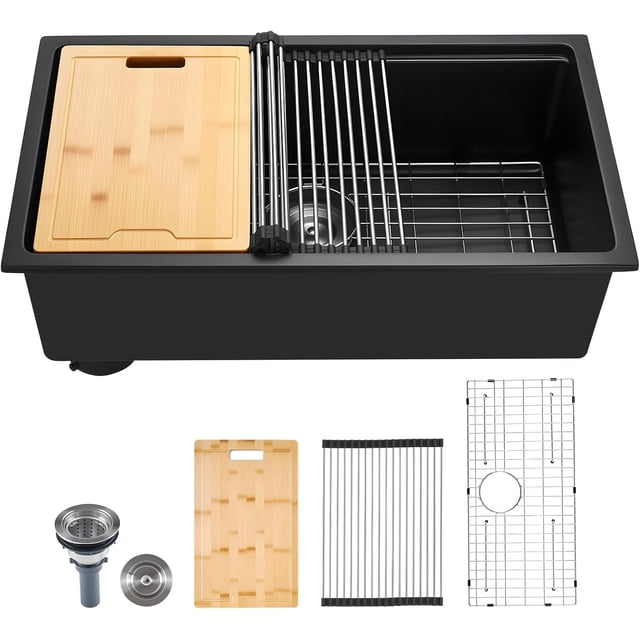 Kitchen Sink Workstation Top Mount Granite Sinks Drop-in Single Bowl Farmhouse Basin with Multiple Accessories Household Dishwasher Sinks for RV Prep Kitchen and Bar ()