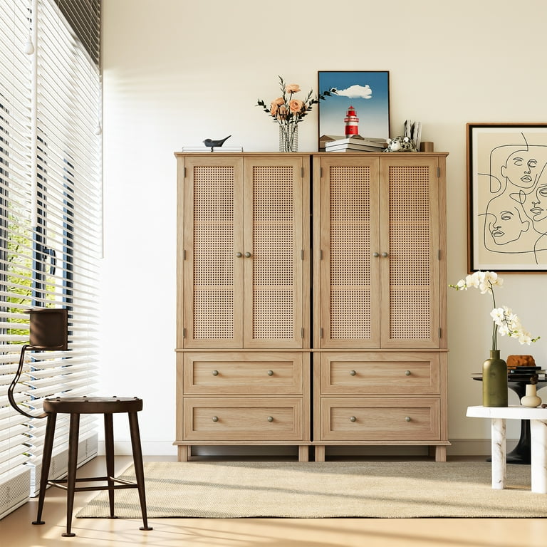 Homfa Storage Cabinet with Rattan Doors Tall Cabinet Rattan Cabinet with Drawers Accent Versatile Cabinet for Living Room Oak
