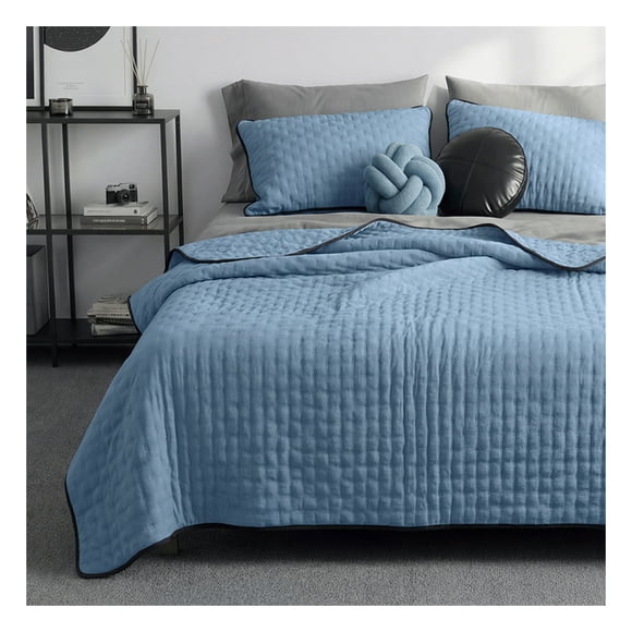 Edredón Ligero Real Textil + 2 Fundas de Almohada, Juego de Colcha Queen Size, Color Azul Medio