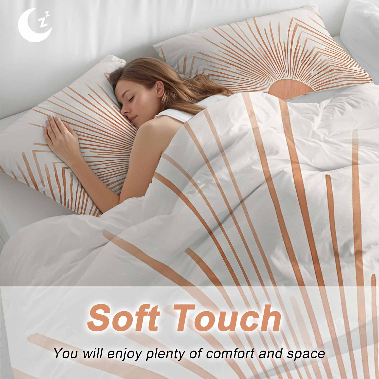 Boho Abstract Sun Bedding 3 Piece Duvet Cover Set Queen Size, Modern Beige Sun Light Lines Soft Microfiber Comforter Cover with Zipper Closure & Pillowcases, Wrinkle & FadeResistant Quilt Cover