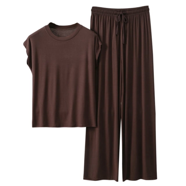 Women Homewear Solid Color Loose Pajamas Short Sleeve T Shirt Drawstring Wide Leg Pants Sleepwear 2 Piece Set