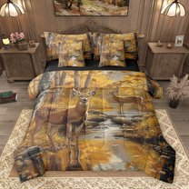 Homewish 3D Reindeer Moose Bedding Comforter Set 7pcs, Autumn Jungle Plant Queen Bedding Sets, Rustic Farmhouse Reversible Queen Sheet Sets, Super Cozy Room Decor