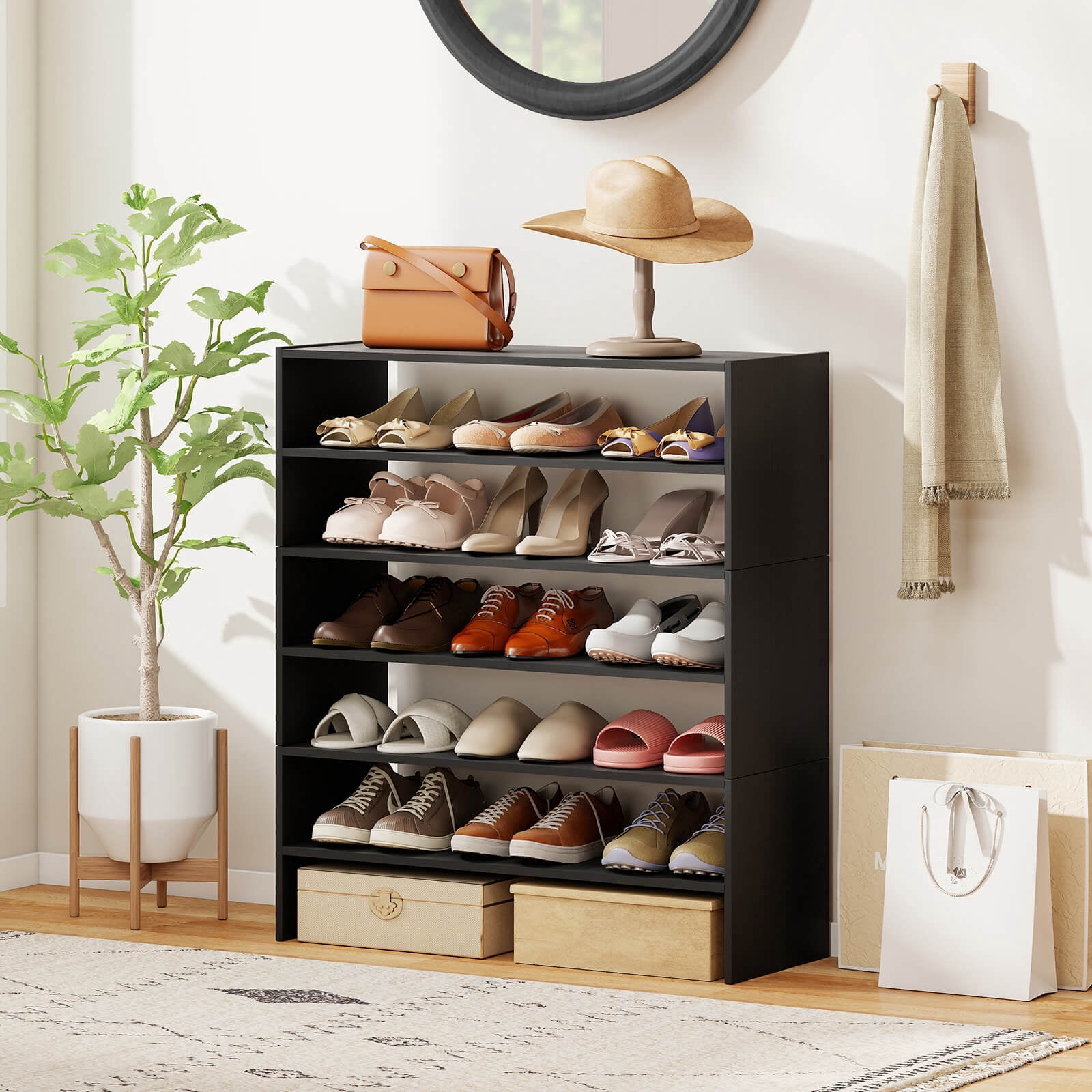 Costway 6 PCS Stackable Shoe Rack 31-Inch Horizontal Organizer 2-tier StorageShelf Black