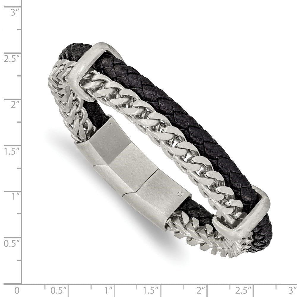 Diamond2Deal Stainless Steel Brushed Chain and Black Braided Leather Bracelet for Men with .5 In Ext 8"