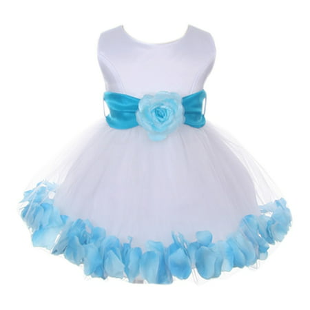 Baby Girls White Turquoise Petals Organza Sash Flower Girl Dress