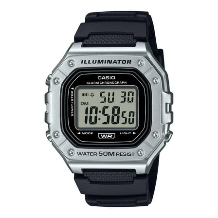 Casio Mens Digital Octagon Wristwatch 7-Yr Battery 50M Wr Led Backlight Stopwatch Risin Silver & Black