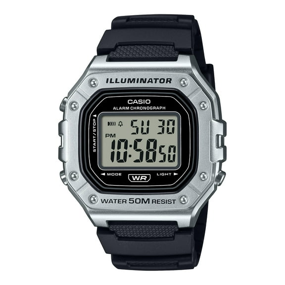 Casio Mens Digital Octagon Wristwatch 7-Yr Battery 50M Wr Led Backlight Stopwatch Risin Silver & Black