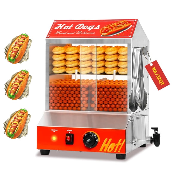 32QT Hot Dog Steamer, 2-Tier Stainless Steel Hot Dog Hut Steamer with Bun Warmer, Electric Hot Dog Bun Steamer with Sliding Door and Clip, Hold 175 Hotdogs and 40 Buns, 32℉-185℉ Temp Control, 1000W