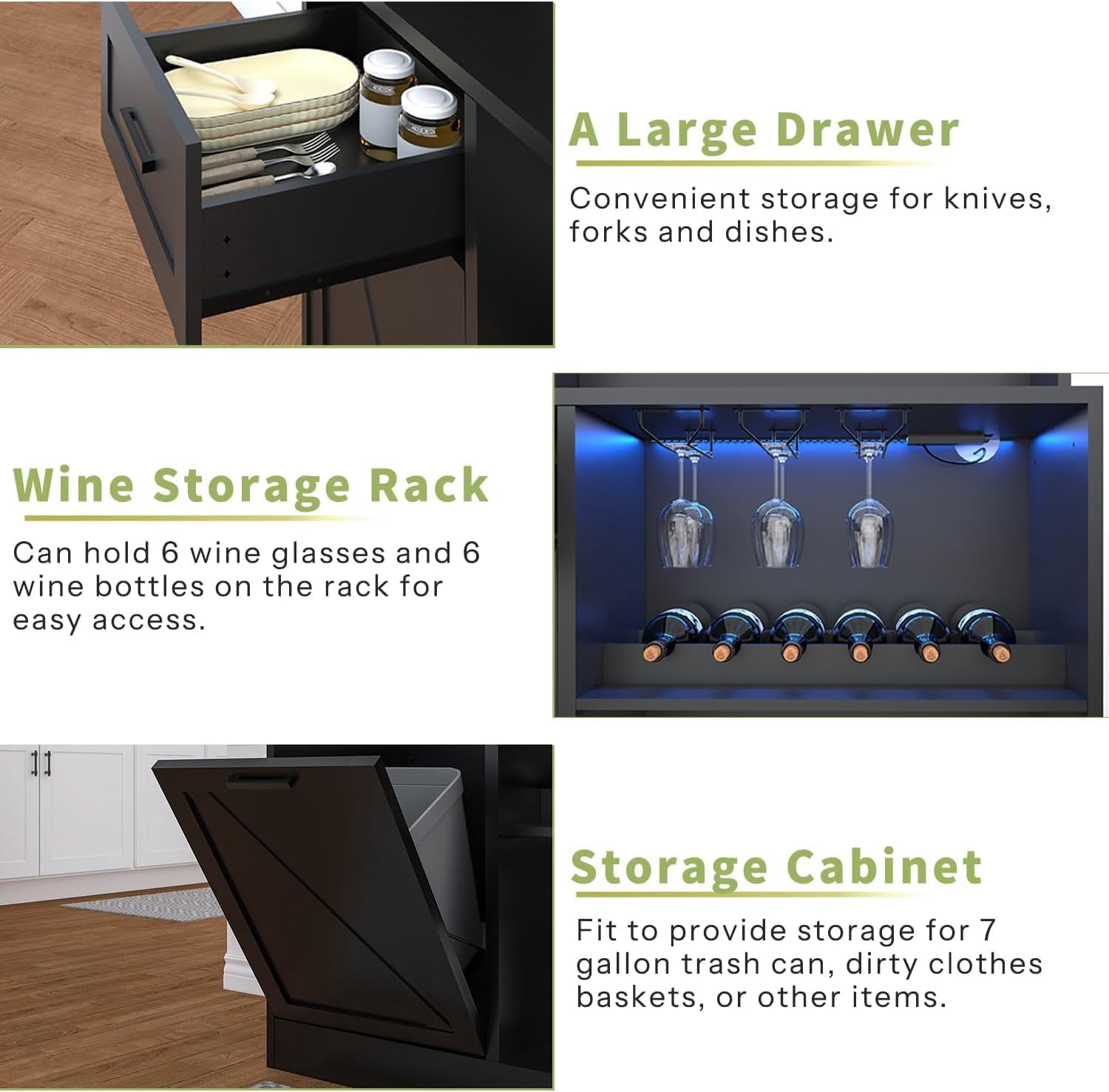 ChicZhiNest 67.3" Tall Coffee Wine Bar Cabinet with LED Lights and Power Outlet, Open Shelves, Modern Kitchen Pantry Cabinet with Trash Can Storage - 7 Hooks & Wine Glass Rack for Home (Black)