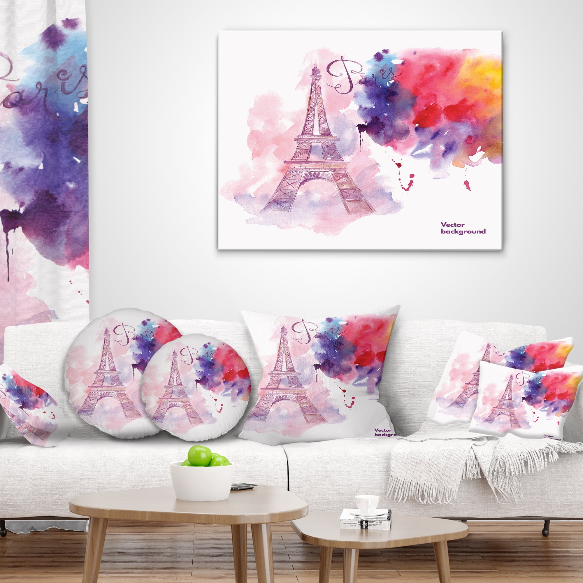 Designart Paris Eiffel Towerin Cloud of Colors - Watercolor Painting Throw Pillow - 12x20