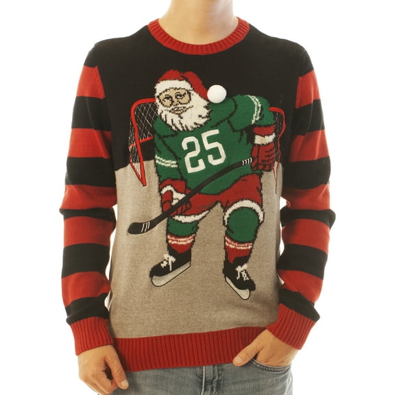 Ugly Christmas Sweater Men's Hockey Santa Long Sleeve Sweatshirt-2XL