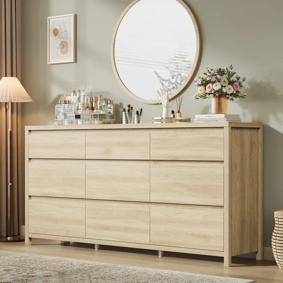 9 Drawer Dresser for Bedroom, 63" Wide Wooden Closet Dresser with Smooth Drawer, Large Dressers & Chests of Drawers for Bedroom Living Room, Oak Dresser