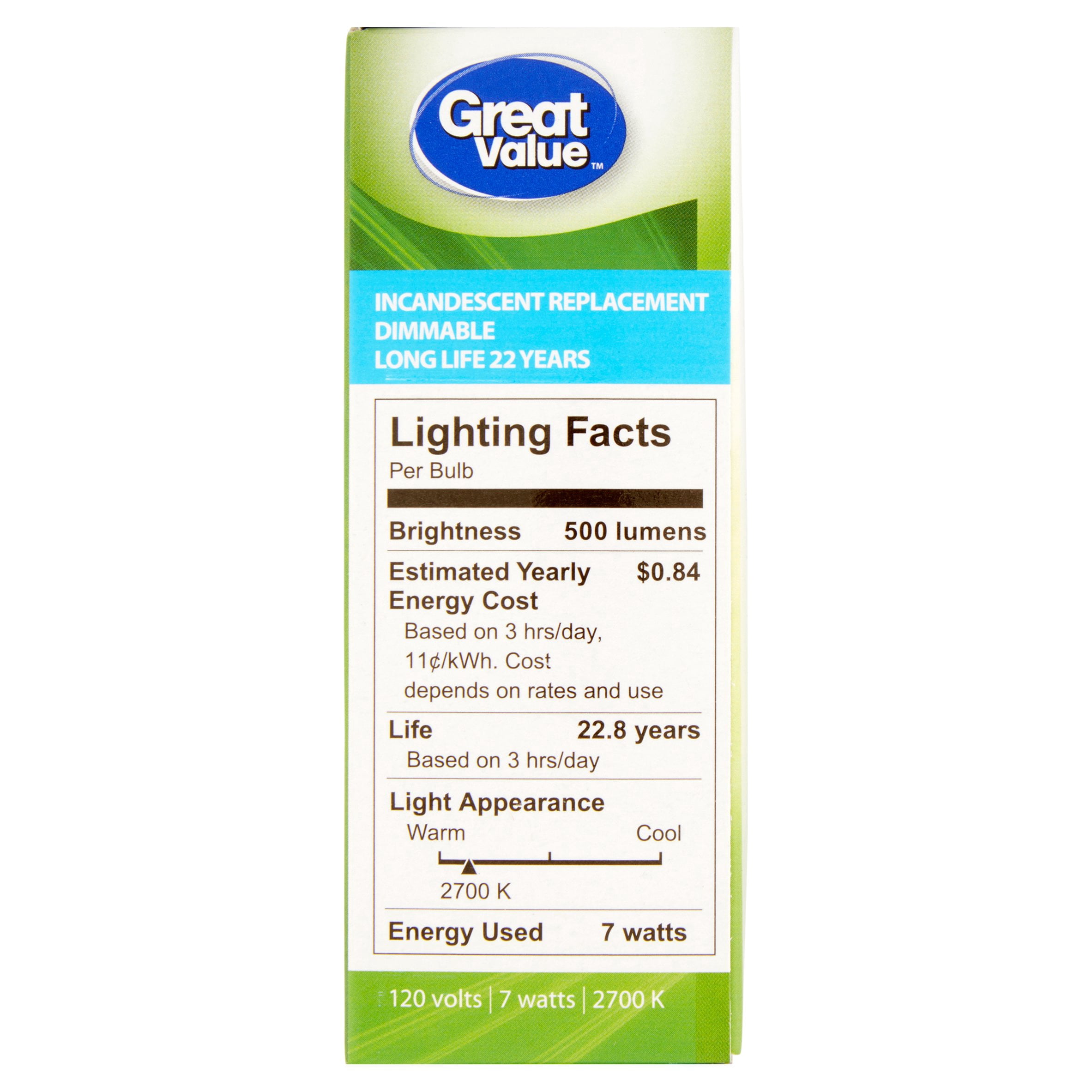 Great Value LED Light Bulb, 7W (60W Equivalent) B11 Decorative Lamp E26 Mediun Base, Dimmable, Soft White, 3-Pack