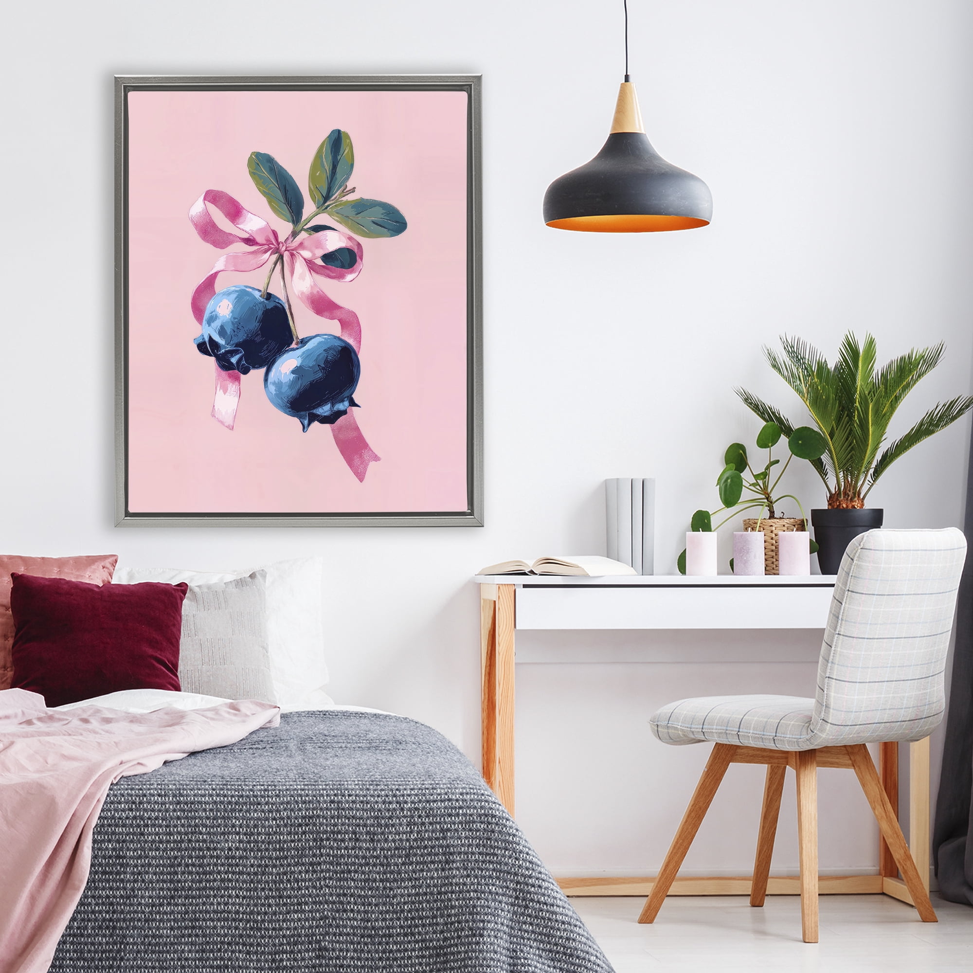 Stupell Industries Blueberry Branch with Pink Bow Gray Framed Floater Canvas Wall Art, design by Imagine It Images