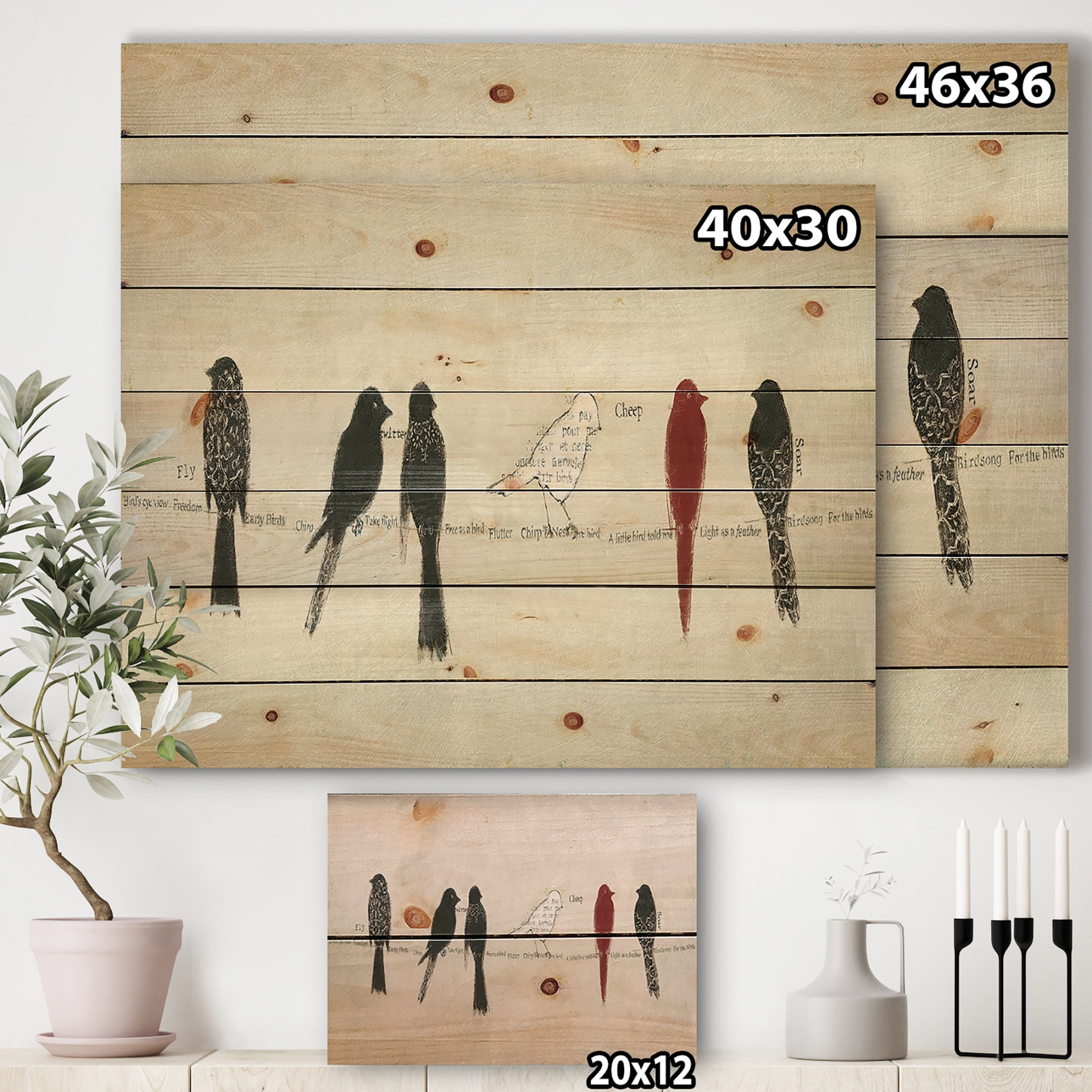 Designart 'Red Catching Up Bird Family On Words' Farmhouse Print on Natural Pine Wood