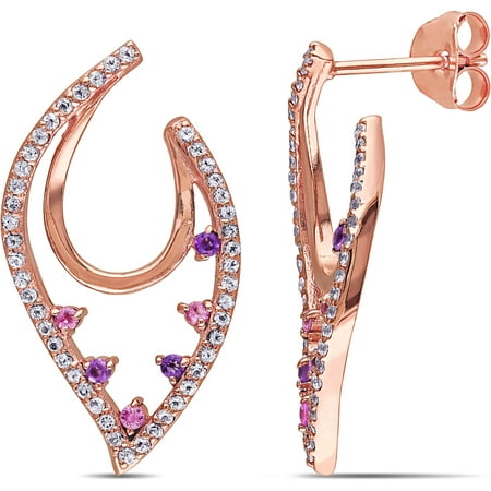 5/8 Carat T.G.W. Amethyst and Pink Tourmaline with White Topaz Pink Rhodium-Plated Sterling Silver Fashion Earrings