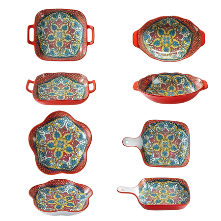 NTKOW 4pc Bohemian Ceramic Bakeware Set, 4pcs Oven Safe Rectangular Baking Dishes & Serving Bowls, Decorative Ceramic Cookware for Casserole, Pasta, Roasting, Microwave & Dishwasher Safe