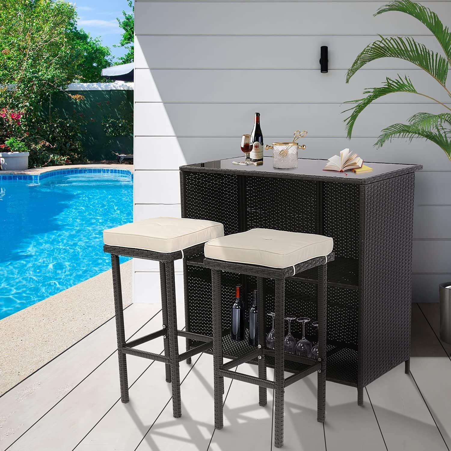 Outdoor Bar Furniture, 3 Piece Patio Bar Set, Brown Rattan Bar with