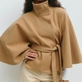 thumbnail image 2 of Womens Wool Blend Coat Cloaks with Belt Stand Collar Cropped Poncho Trench Coat Batwing Sleeve Dressy Jacket (XL, Khaki), 2 of 6