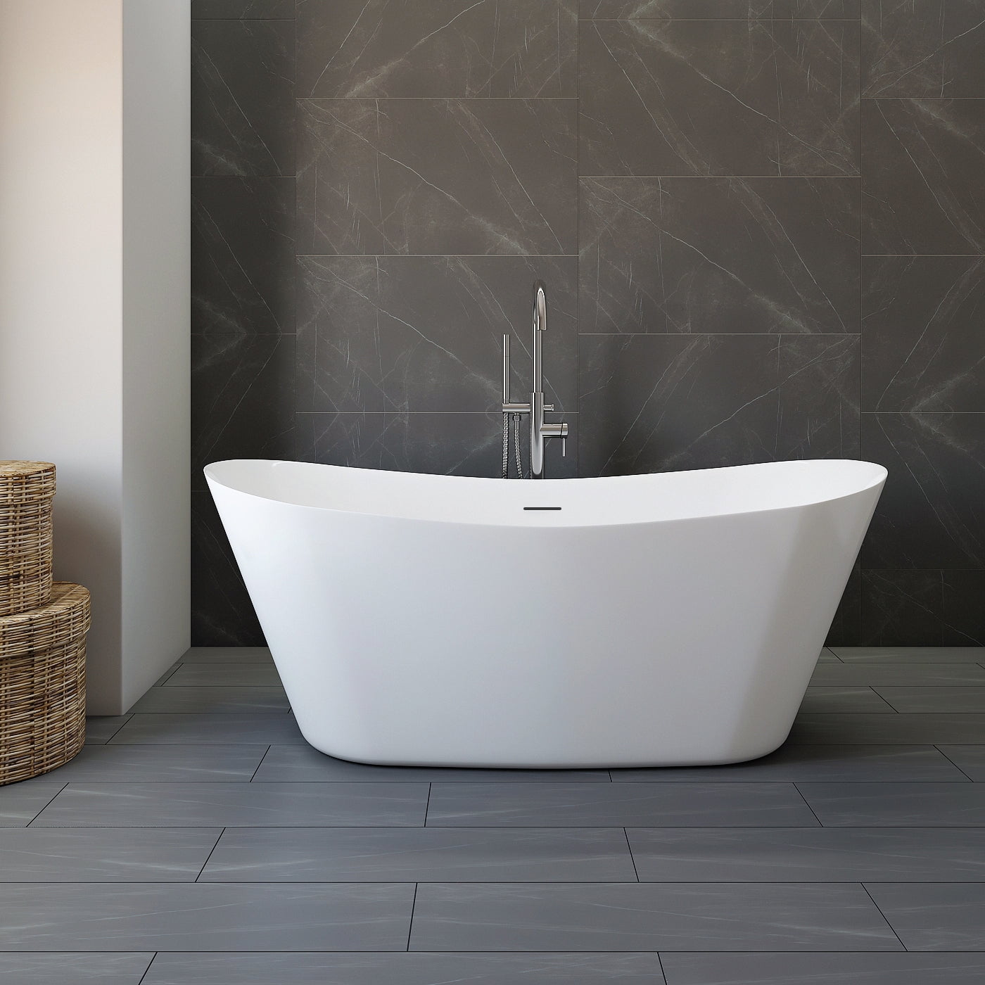 67'' Glossy White Acrylic Freestanding Bathtub with Chrome Faucet