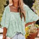 thumbnail image 3 of Camisa fluida para mujer Camiseta informal con cuello cuadrado que combina con todo Textura floral (Verde L) FLhrweasw Para estrenar, 3 of 8