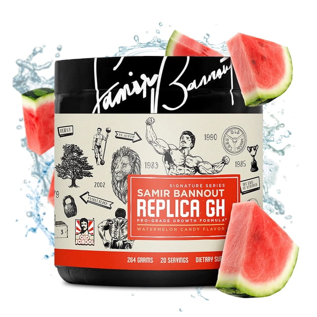 replica gh – muscle building gh boosting powder – hormone optimizer & muscle growth dietary supplement – exclusive osl mr. olympia samir bannout collaboration – watermelon candy flavor – 20 servings frontal product image of a black tub with a cream label featuring vintage bodybuilding illustrations and a red label panel reading 'REPLICA GH'; black lid signed 'Samir Bannout', label notes 'Watermelon Candy Flavor' and '20 servings', watermelon slices and water-splash graphics frame the tub on a white background; often used as a flavored pre- or post-workout supplement container for gym bags.