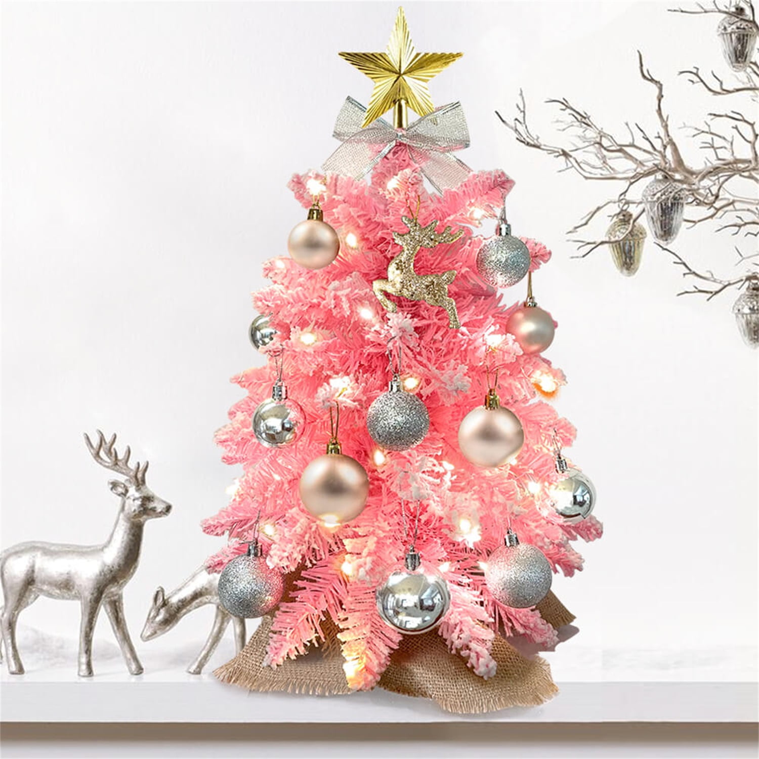 Lowestbest Exquisite Christmas Tree with LED Lights & Decoration, 2ft TableTop Mini Small Xmas Trees, Flocked Artificial Arbol de Navidad - Pink Lowestbest Exquisite Christmas Tree with LED Lights & Decoration, 2ft TableTop Mini Small Xmas Trees, Flocked Artificial Arbol de Navidad - Pink