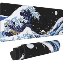Japanese Blue and Black Sea Wave Mouse Pad Abstract Blue Desk Mat 31.5x11.8 Inch Sea Wave Texture Non-Slip Rubber Base Wave Mousepad Stitched Edges Keyboard Mouse Mat Desk Pad for Office Home Game