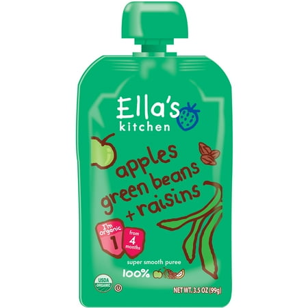 Ella's Kitchen Organic Baby Food Organic Apples Green Beans + Raisins Stage 1 Baby Food, 3.5 oz, 6 Pack
