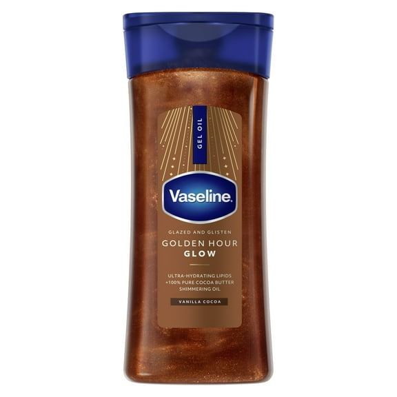 Vaseline Glazed & Glisten Shimmering Body Gel Oil Golden Hour Glow, with Vanilla & Cocoa Butter, 6.8 oz
