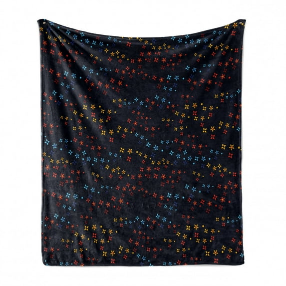 Dark Blue Soft Flannel Fleece Throw Blanket, Vibrant Colorful Stars and Flowers in the Dark Space Spring Inflorescence, Cozy Plush for Indoor and Outdoor Use, 60" x 80", Multicolor, by Ambesonne