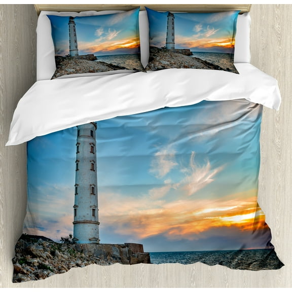 Maritime Duvet Cover Set, Seascape Photo of Lighthouse at Sunset with Tangerine Horizon Print, Decorative 3 Piece Bedding Set with 2 Pillow Shams, King Size, Azure Blue Multicolor, by Ambesonne