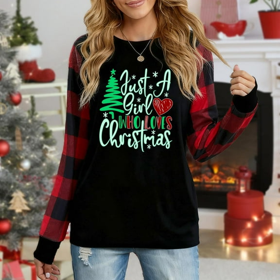 Women's "Just A Girl Who Loves Christmas" Plaid Long Sleeve Top, Festive Graphic Sweatshirt For Women