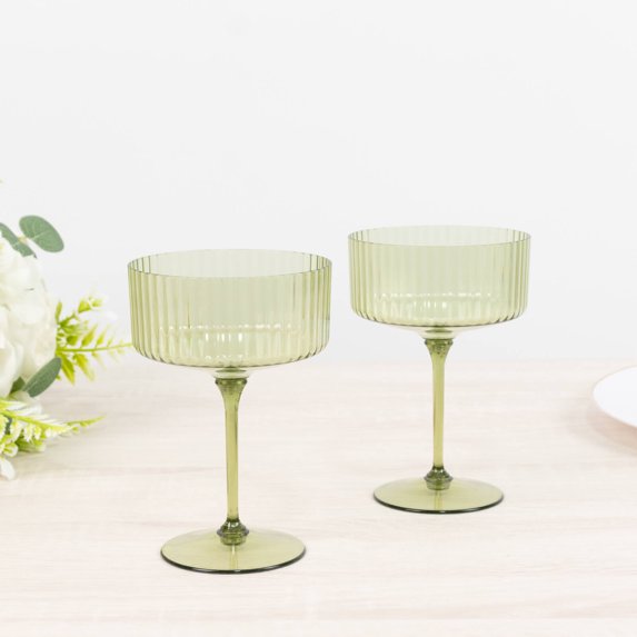 Efavormart 24-Pack Premium Disposable Cocktail Glasses – 10oz Dusty Sage Green Ribbed Plastic Coupe Champagne Cups with Detachable Stem & Base – Party & Event Drinkware