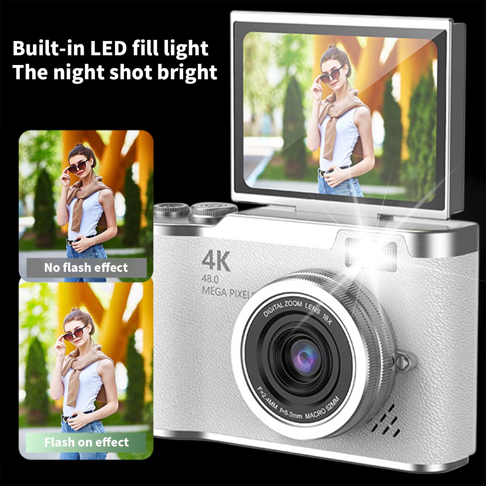 Student Digital Camera 2.4" Flip-Screen 48MP Max Interpolation, 1080P HD Video, 8x Digital Zoom, Night-Vision Flash, 800 mAh Rechargeable, Anti-Shake, Built-In Mic & Speaker, Supports 64 GB Micro SD