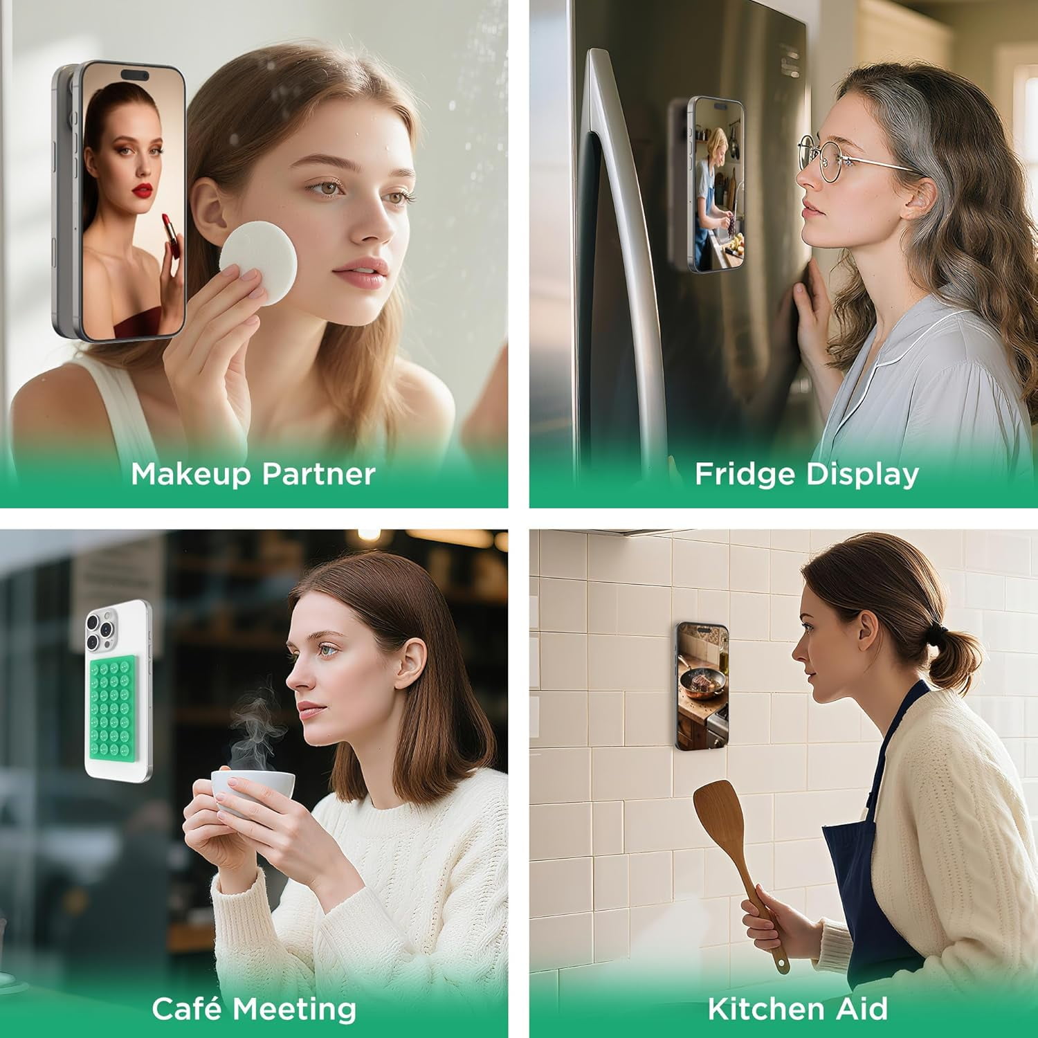 MKEUDQ-2 Pack Silicone Suction Cup Phone Case Mount Double-Sided, Hands-Free Strong Grip Holder for iPhone and Android, Sticky Phone Stand for Selfies and Videos, Emerald Green+Transparent