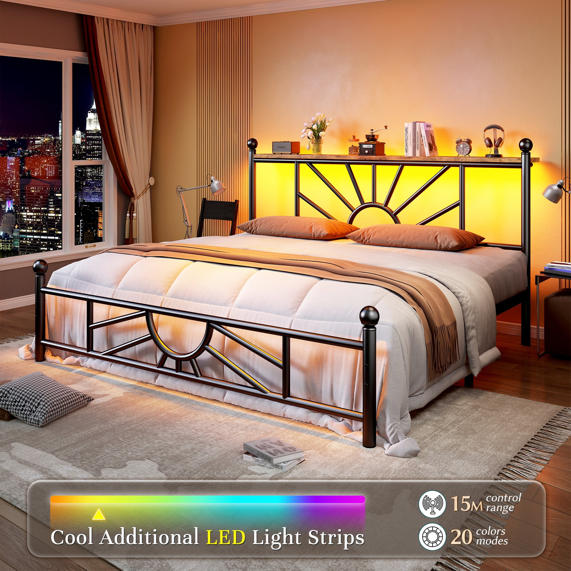 EnHomee Queen Size Metal Bed Frame with Vintage Headboard & Footboard Metal Platform Bed Frame Queen with LED Lights & Storage, Noise Free, Black