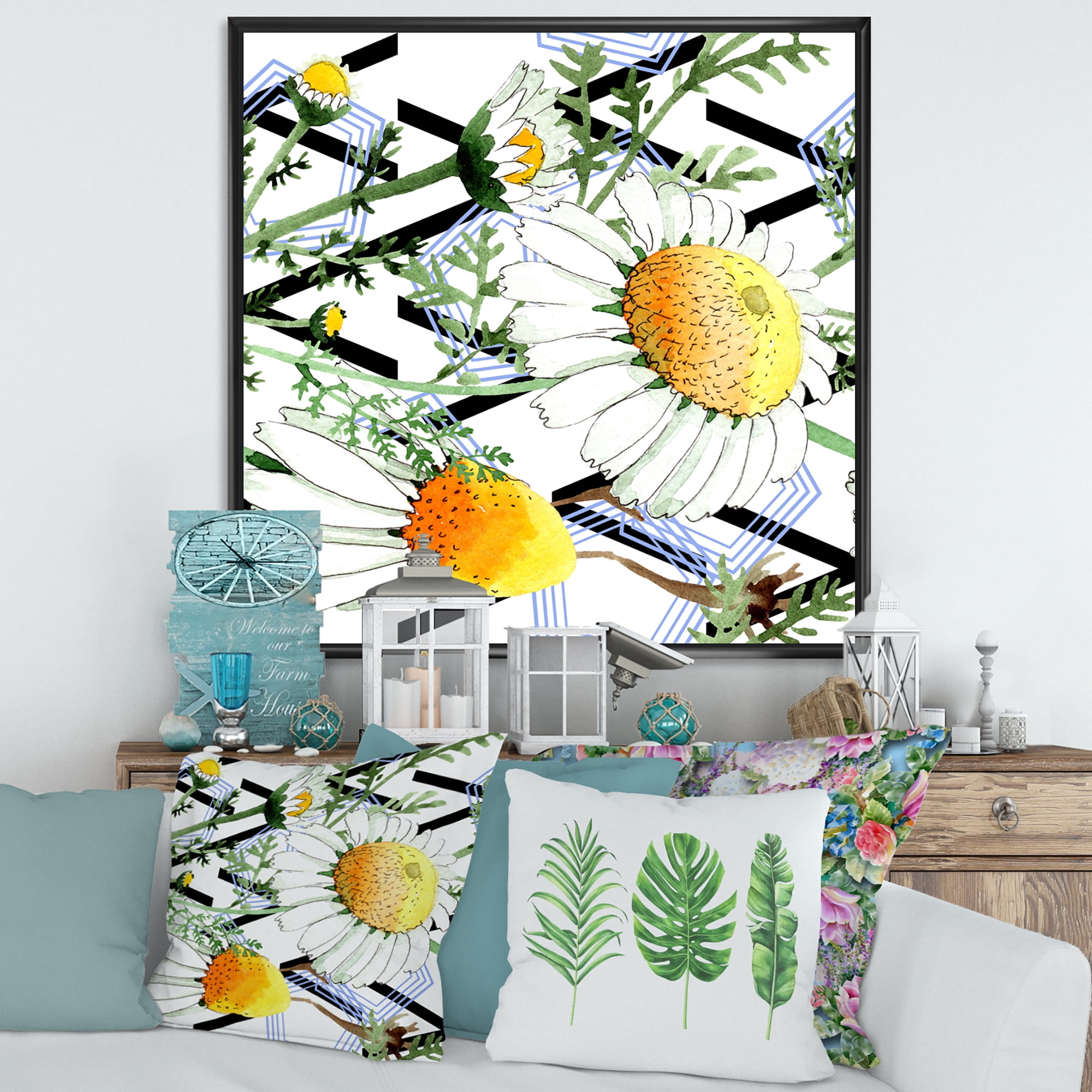 Designart 'Wild Spring Chamomile Flowers On Geometric Lines' Traditional Framed Canvas Wall Art Print
