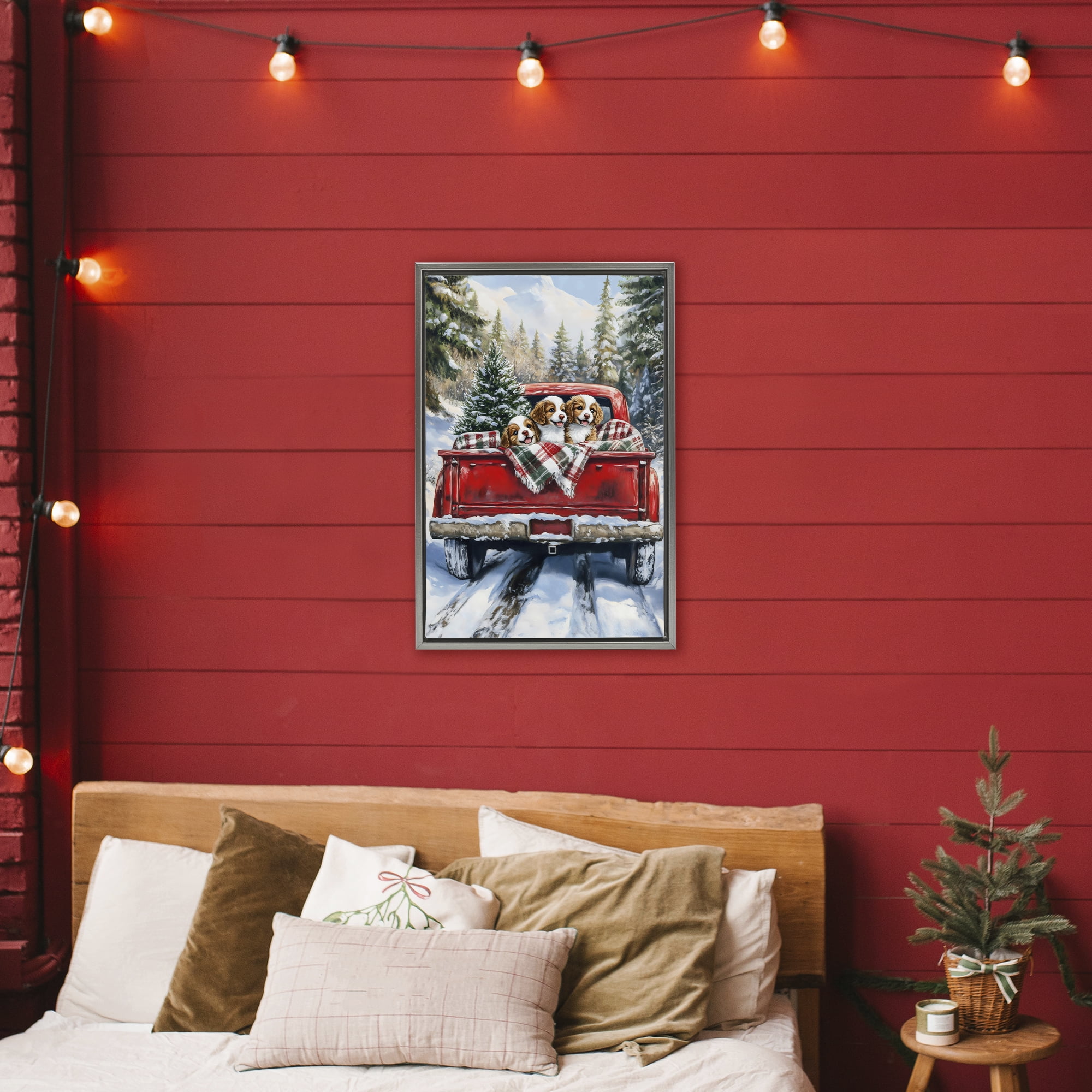 Christmas Truck Pups Trio Gray Framed Floater Canvas Wall Art, design by Petal Prints Design