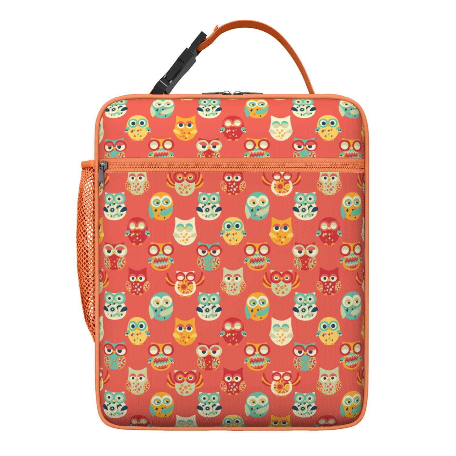 Cute Owl Lunch Bag for Women Men, Hand-Drawn Cartoon Owl with Big Eyes, Colorful Polka Dot and Night Sky Print, Insulated Bento Tote for School, Work, Travel