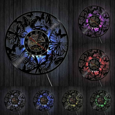 Fairy Wings Angel Butterfly Wall Art Home Decor Wall Clock Butterflies Vinyl Record Clock Insect Wild Life Animal Clock With LED