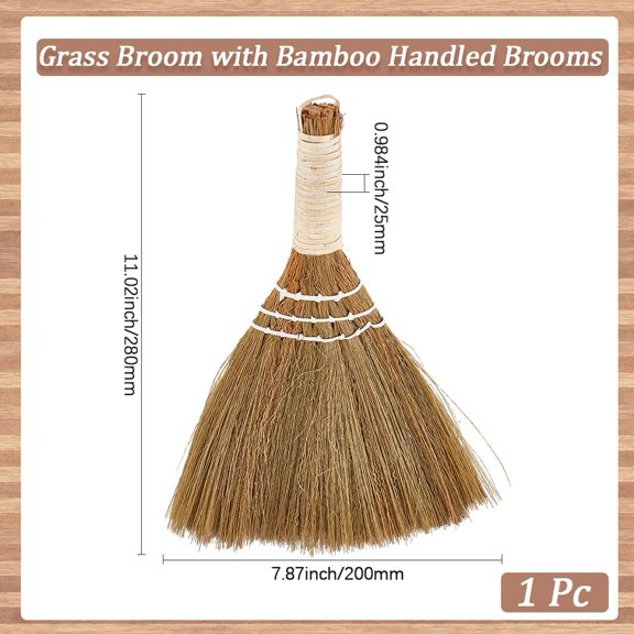 Grass Broom with Bamboo Handled Brooms Multi-Functional Cleaning Tool for Home Kitchen Bathroom Sweeping Dusting Dark Goldenrod 280x200x25mm