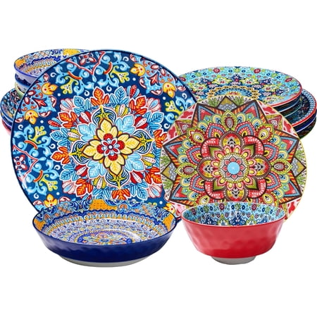Baxluxe Dinnerware Sets of 4, 16 Pieces Bohemian Plates and Bowls Microwave and Dishwasher Safe, Scratch Resistant Plates and Bowls Set, Dinner Set for Salad, Pasta, Dessert,Steak, Appetizers