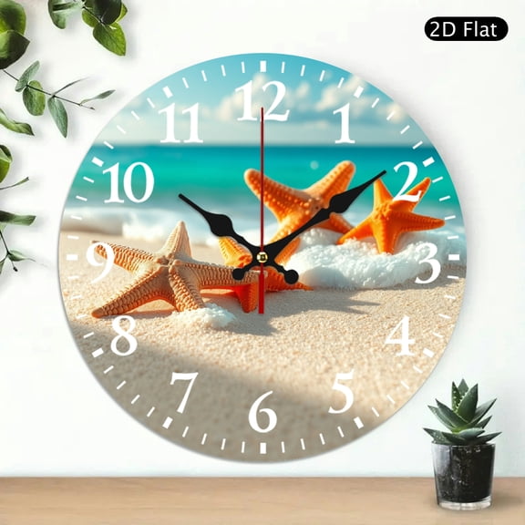Beach Starfish Wall Clock Silent Non Ticking Wall Clocks Battery Operated Round Wall Decor for Bathroom Kitchen Bedroom 10 in