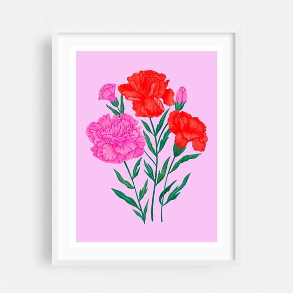 Vibrant Carnations - Illustration Floral Flowers Botanical Modern Art Pastel Pop Art White Framed Wall Art Print 11 x 14 inches