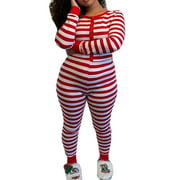 Woman Christmas Stripe One-piece Pajamas Sexy Long Sleeve Slim Elastic Jumpsuit